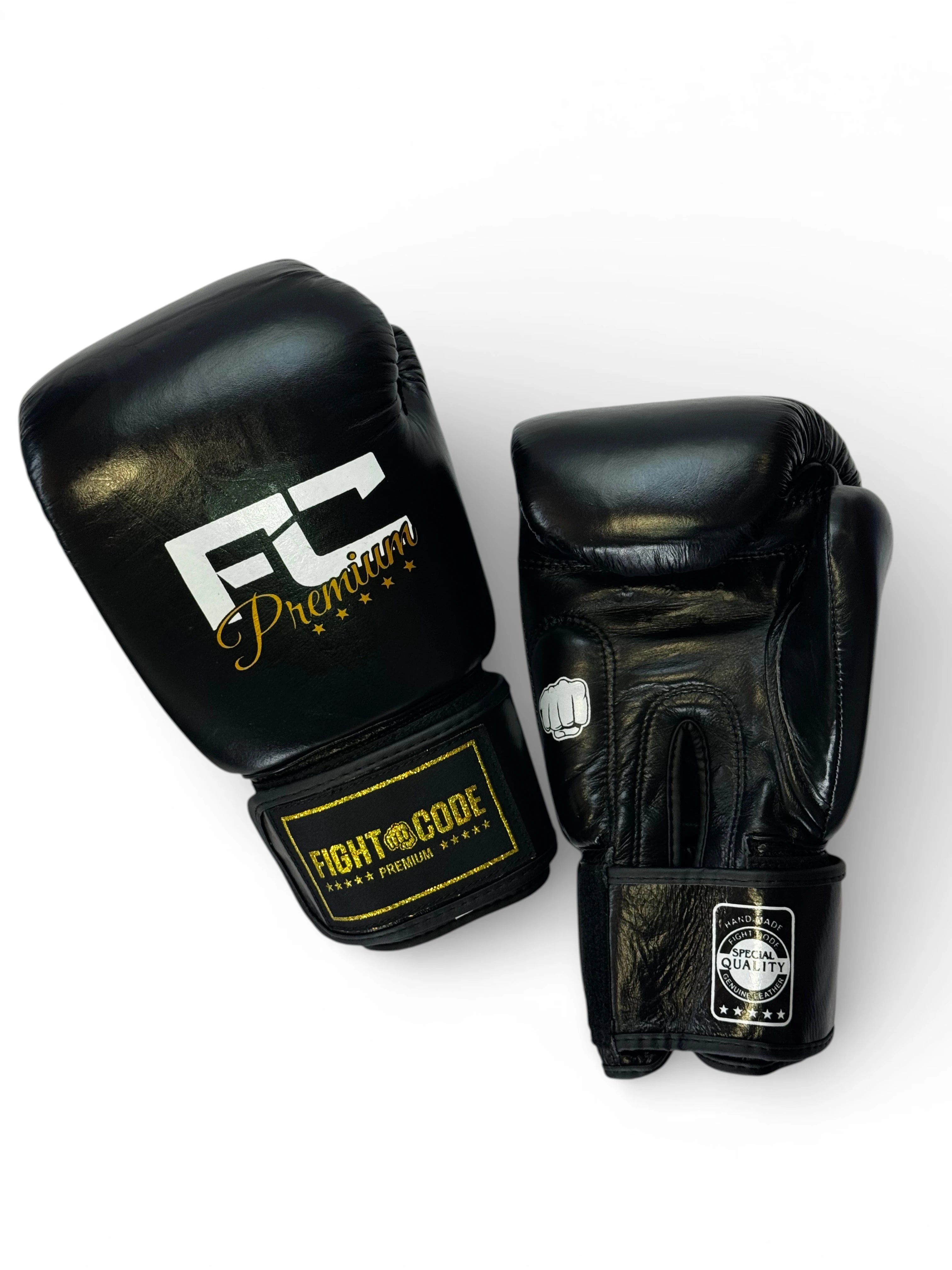 FIGHTCODE Prémium Bőr Boxkesztyű - Fekete - Arany Muay Thaihoz