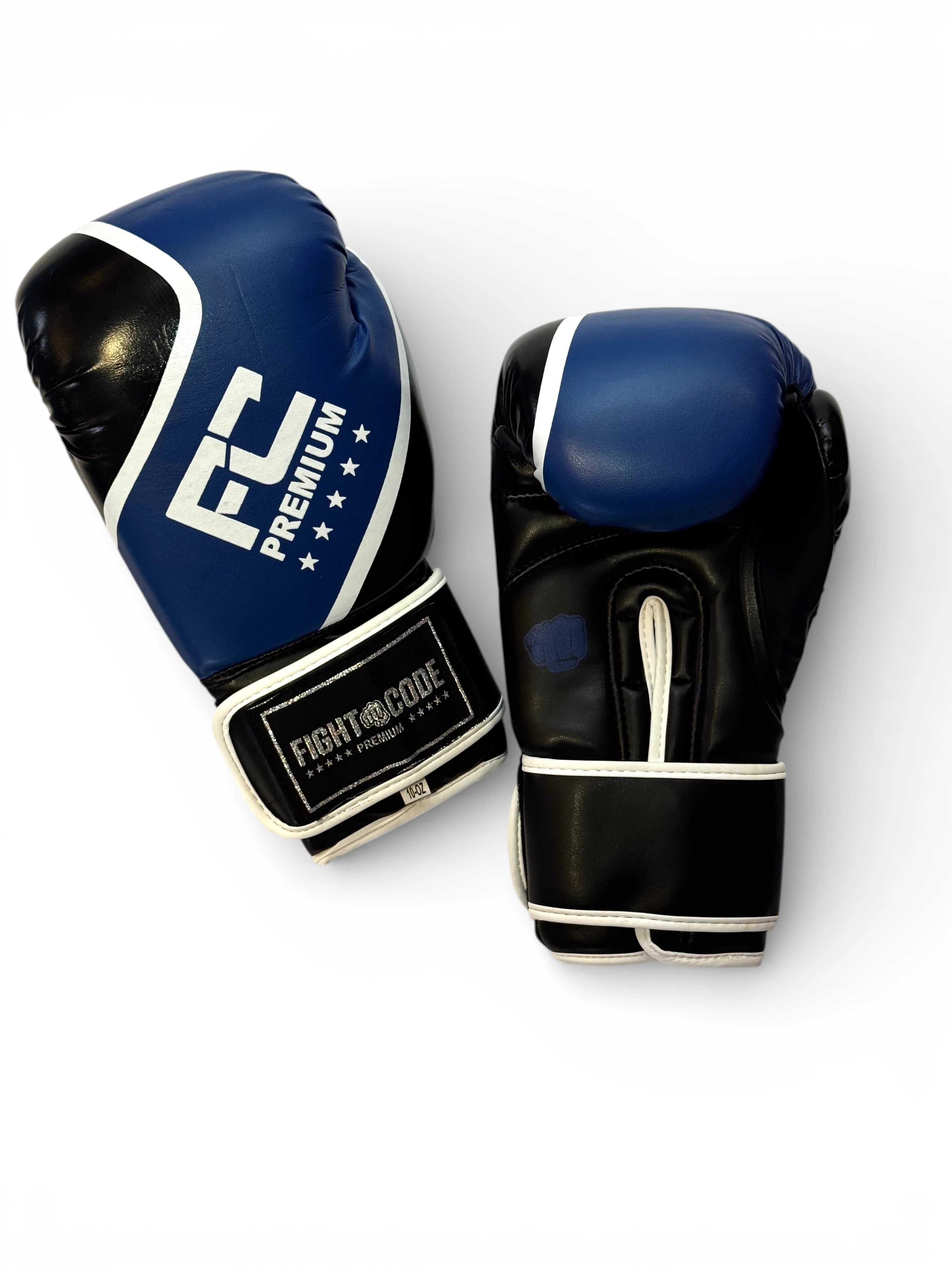 FIGHTCODE Műbőr Boxkesztyű - Kék - Fehér Csíkokkal Muay Thaihoz