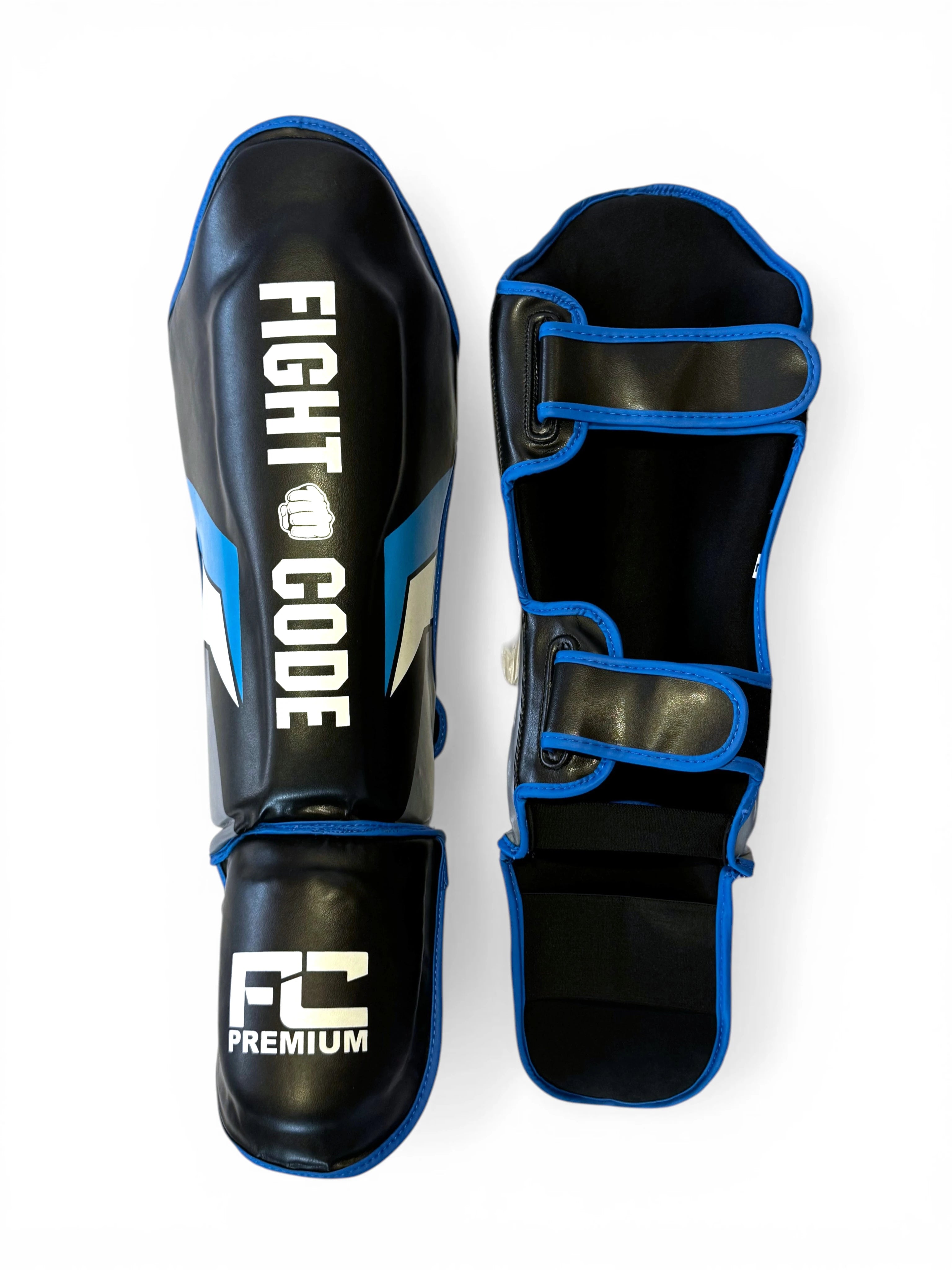 FIGHTCODE Prémium Lábszárvédő - Fekete - Kék Muay Thaihoz és Kick-boxh