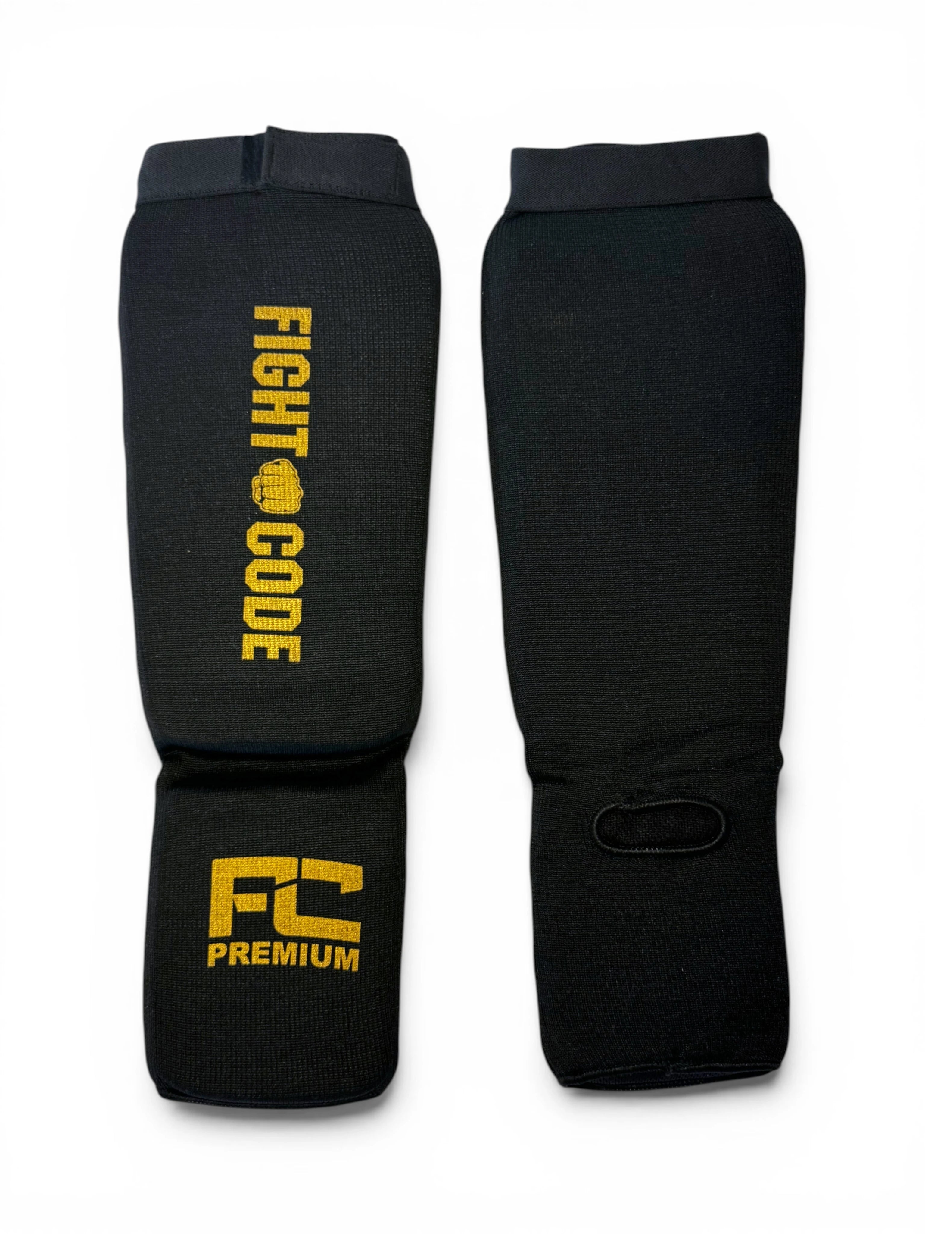FIGHTCODE Lábszárvédő - Fekete - Arany Muay Thaihoz és Kick-boxhoz